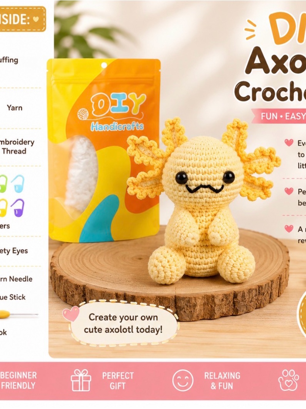 Yellow Axolotl Crochet Kit – Cute Amigurumi Plush